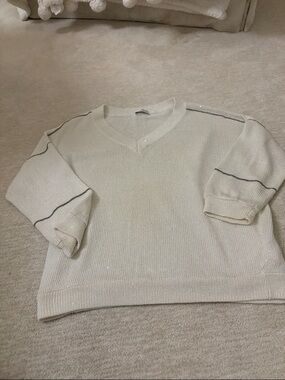 Brunello Cucinelli Cream V-Neck Knit Sweater with Contrast Piping the beautiful